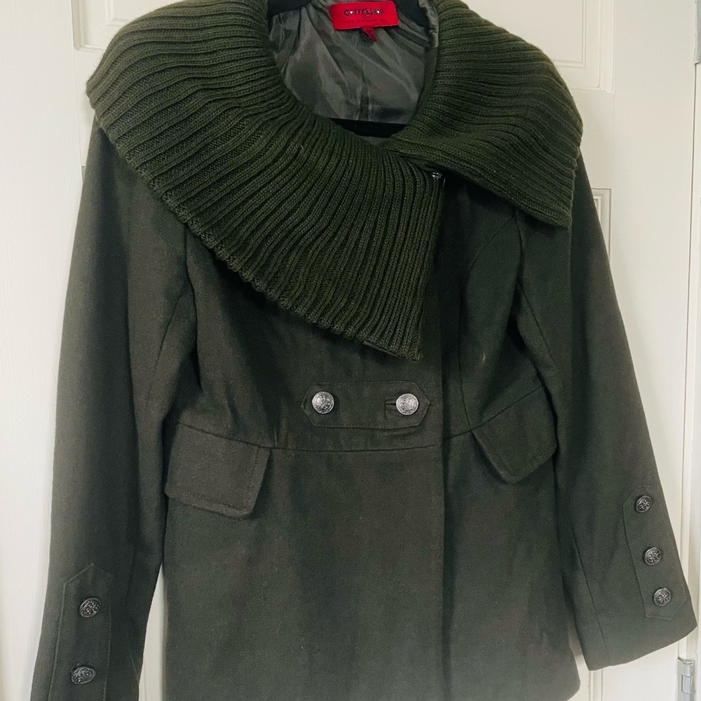 Wool Blend Forest Green Pea Coat with Asymmetrical Oversized Collar